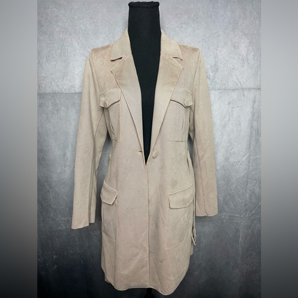Solitaire Anthropologie Beige Belted Jacket Button Front Pockets Size Small - Picture 5 of 9